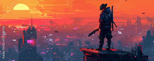futuristic samurai standing on a building in cyberpunk city. vector simple illustration