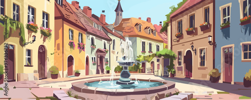 A city street with a fountain in the middle
