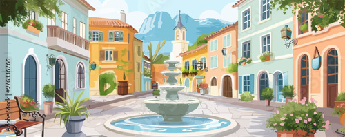 A colorful city street with a fountain in the middle