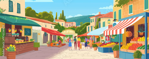 A group of people walk down a street in a town with a market