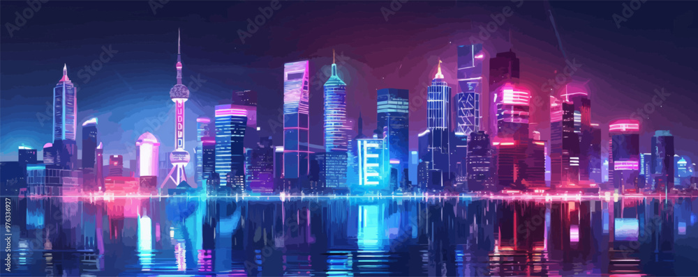 A city skyline with neon lights reflecting on the water