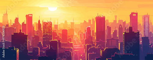 A city skyline with a large sun in the sky