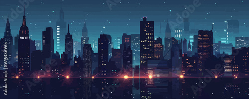 A city skyline at night with the lights of the buildings reflecting on the water