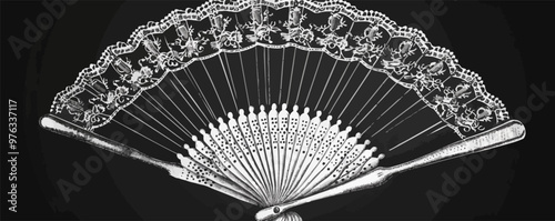 Classic pin-up hand fan with lace, vector illustration, pin-up style, imitation of a scratch board, black and white image.