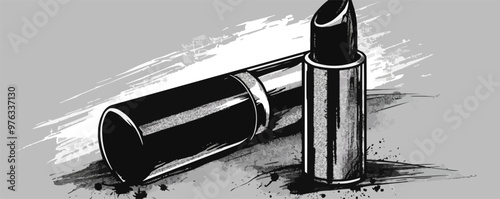 Classic pin-up lipstick tube with an open cap, vector illustration, pin-up style, imitation of a scratch board, black and white image.