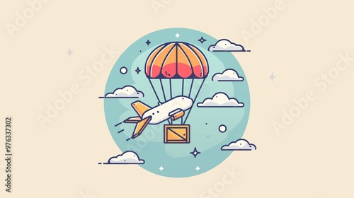 Comic Style Illustration of Airplane in Flight Dropping a Parachute Package with Clouds