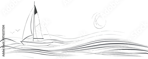 Continuous one line drawing sailboat on waves on a white background. vector illustration.