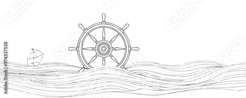 Continuous one line drawing ship's wheel on a white background. vector illustration.