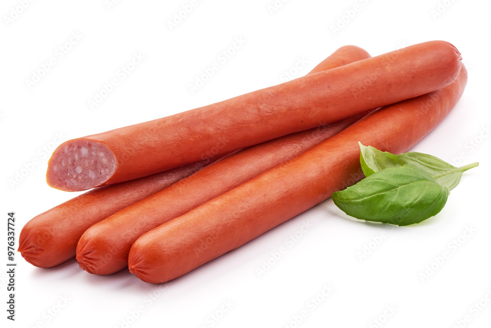 Smoked pork sausages, grill sausages, isolated on white background Smoked pork sausages, grill sausages, isolated on white background