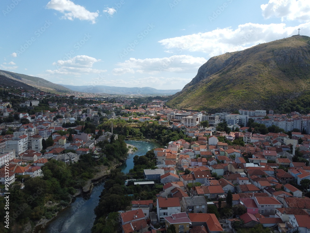Drone aerial shot of Bosnia, Mostar, Stari Most Bridge