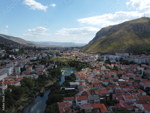 Obraz na płótnie Drone aerial shot of Bosnia, Mostar, Stari Most Bridge w salonie