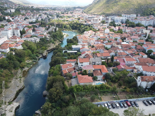 Obraz na płótnie Drone aerial shot of Bosnia, Sarajevo, mostar w salonie