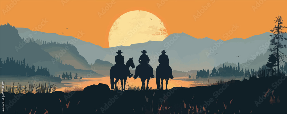 custom made wallpaper toronto digitalCowboy life, cowboys, horses, and wild west scenes, western silhouettes, black silhouette, vector illustration, flat style.