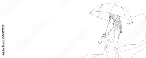 Continuous one line drawing woman holding umbrella on a white background. vector illustration.