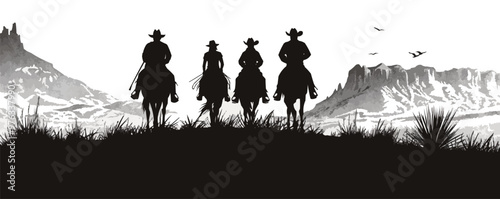 Cowboy life, cowboys, horses, and wild west scenes, western silhouettes, black silhouette, vector illustration, flat style.