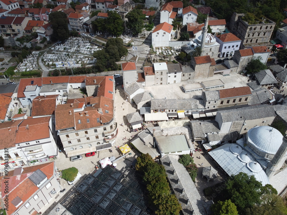 Drone aerial shot of Bosnia, Sarajevo, Mostar, Stari Most Bridge