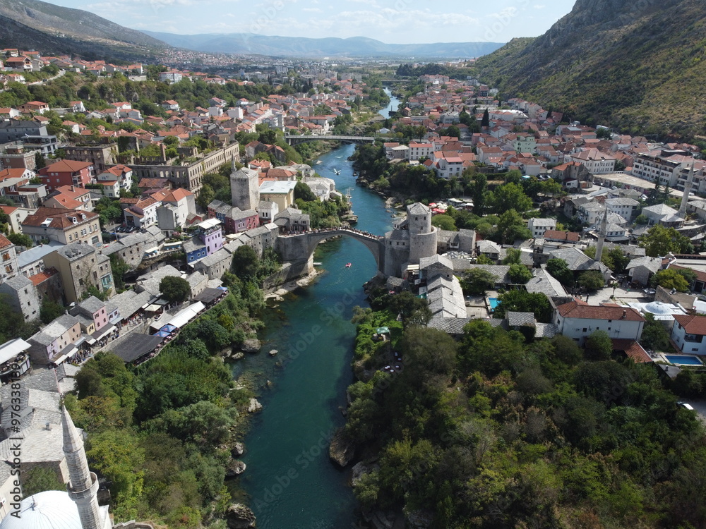 Drone aerial shot of Bosnia, Sarajevo, Mostar, Stari Most Bridge