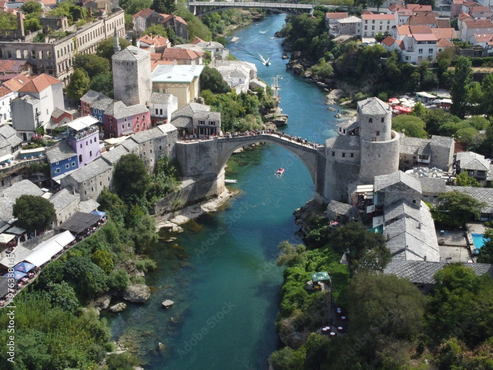 Drone aerial shot of Bosnia, Sarajevo, Mostar, Stari Most Bridge