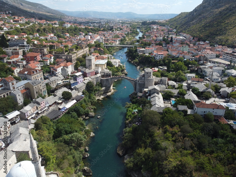 Drone aerial shot of Bosnia, Sarajevo, Mostar, Stari Most Bridge