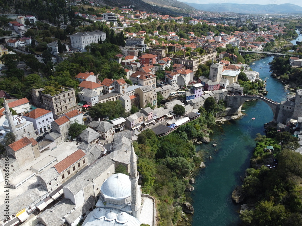 Drone aerial shot of Bosnia, Sarajevo, Mostar, Stari Most Bridge