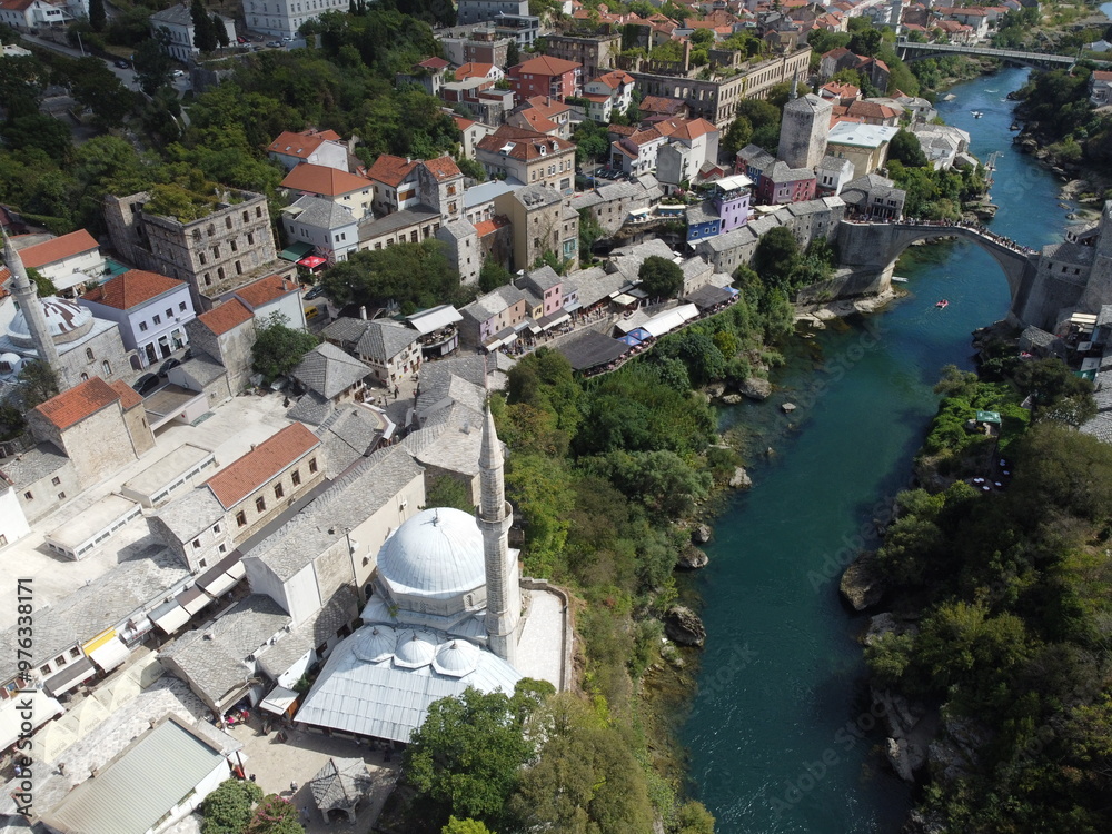 Drone aerial shot of Bosnia, Sarajevo, Mostar, Stari Most Bridge