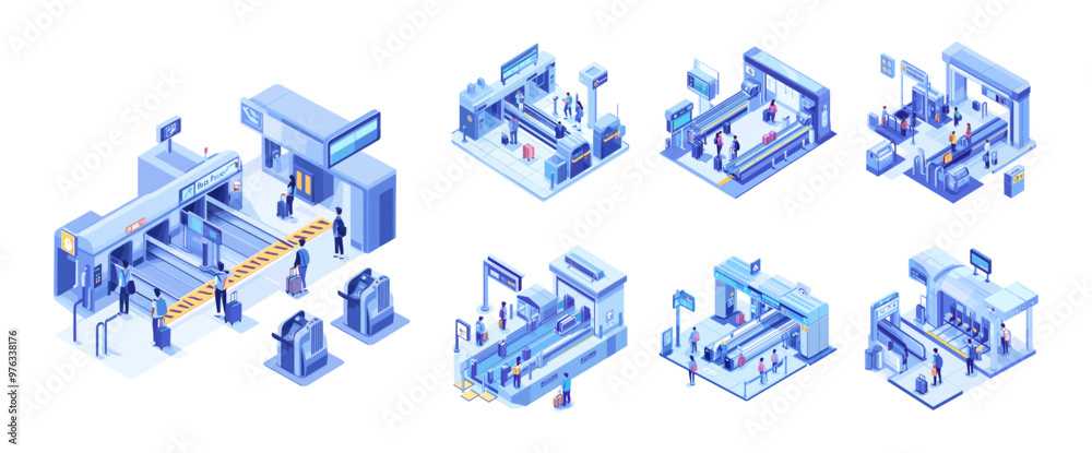 Isometric airport terminal passenger custom security control vector set. Tourists people travelers with baggage waiting departure, luggage conveyor bag scanner inspection air trip, isolated artworks
