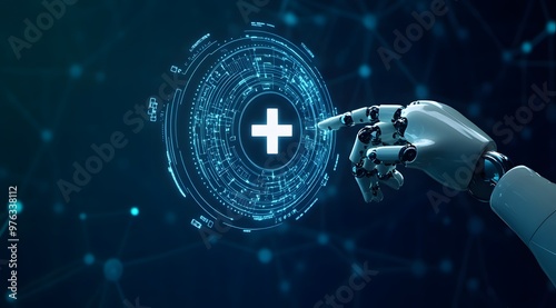 Comprehensive Health AI and Technology Concept with Robot Hand for AI-Assisted Medical Healthcare Solutions photo