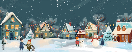 Cozy winter village with snow-covered rooftops, twinkling lights, and children building a snowman, flat, vector illustration in watercolor style.