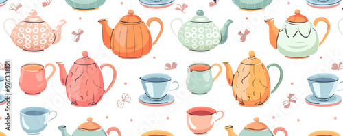 Cozy teapots and teacups seamless pattern background, charming and quaint tea time elements, vector pattern.