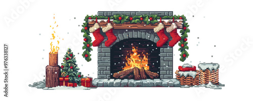 Craft pixel art of a cozy fireplace with stockings, pixel art on white isolated background, vector design.