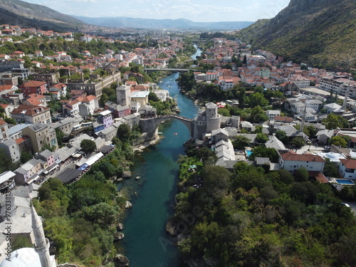 Obraz na płótnie Drone aerial shot of Bosnia, Sarajevo, Mostar, Stari Most Bridge w salonie