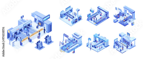 Isometric airport terminal passenger custom security control vector set. Tourists people travelers with baggage waiting departure, luggage conveyor bag scanner inspection air trip, isolated artworks