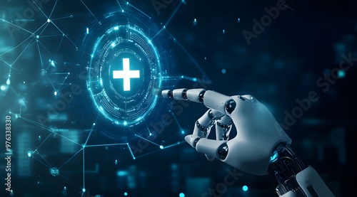 Cutting-Edge Health AI and Technology Concept with Robot Hand for AI-Driven Medical Healthcare Assistance photo