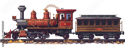 Create pixel art of a vintage train on tracks, pixel art on white isolated background, vector design.