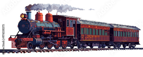 Create pixel art of a vintage train on tracks, pixel art on white isolated background, vector design.