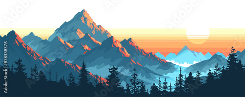 Create pixelated landscape with mountains and sunset, pixel art on white isolated background, vector design.