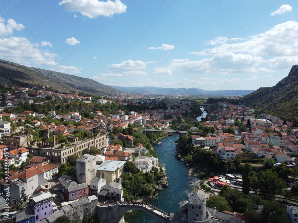 Drone aerial shot of Bosnia, Mostar, Stari Most Bridge