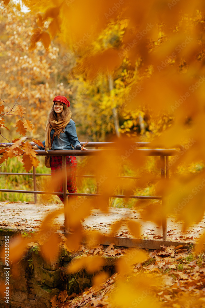 happy stylish woman in jeans shirt and red hat happy stylish woman in jeans shirt and red hat