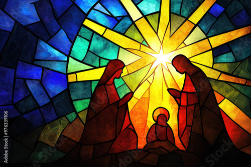 A stained glass window of the Nativity scene with a woman