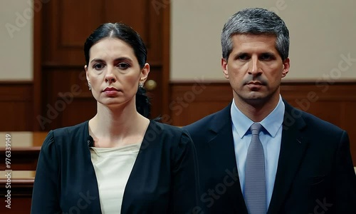 Two lawyers, man and woman, stand in a courtroom, exchanging serious looks before a trial. Both wear formal suits, and the camera captures a static, close-up shot. Wooden benches and a judge’s desk