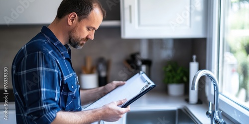 A man in a modern kitchen reviews information on a clipboard under natural light, highlighting a domestic and organized environment in a contemporary home setting.