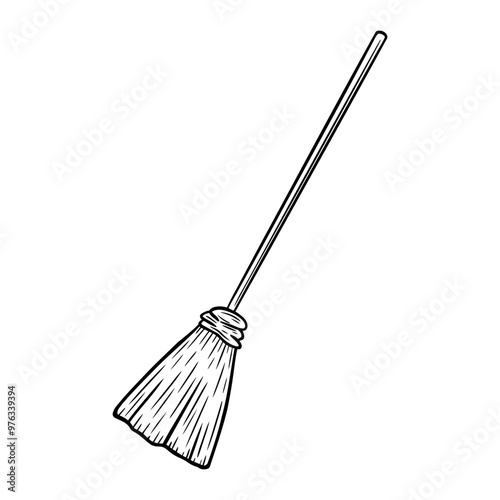 Halloween witch broomstick illustration in line art style. Graphic monochrome magic broom drawing. Hand drawn outline sketch, engraved doodle illustration. For coloring book, invitation, decoration.