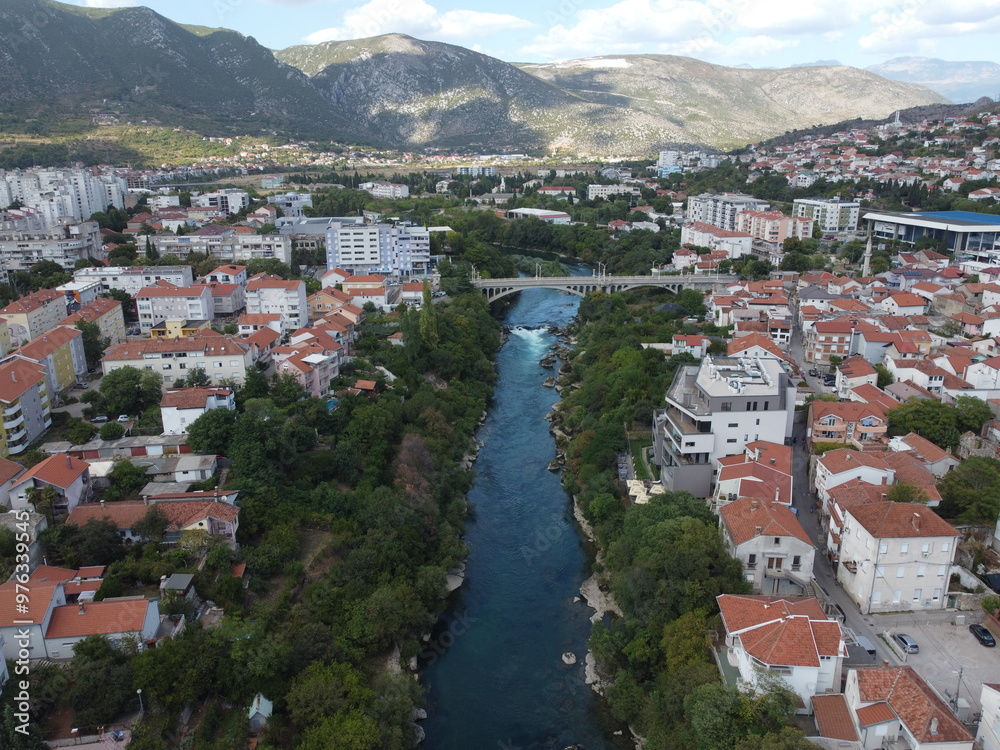 Drone aerial shot of Bosnia, Mostar, Stari Most Bridge
