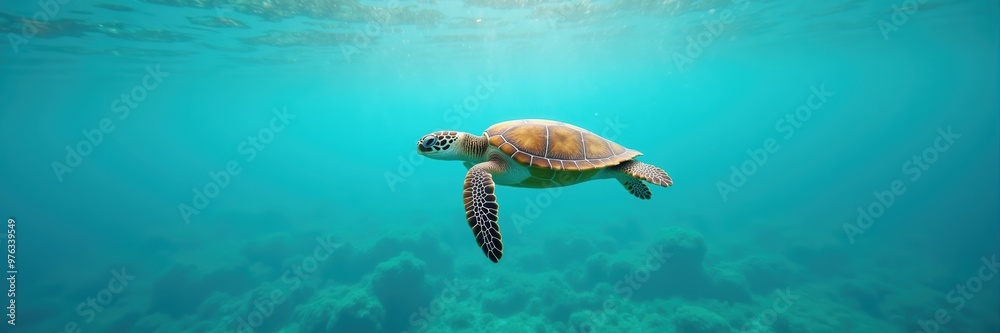 Fototapeta premium A serene underwater scene featuring a graceful turtle swimming majestically through crystal-clear waters, showcasing the beauty of marine life.