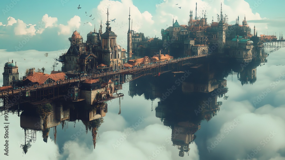 A fantasy city floating above the clouds, reflecting in the water. A fantasy city floating above the clouds, reflecting in the water.