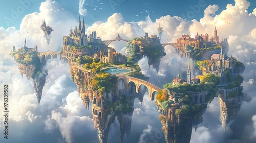 Fantasy landscape with floating cities connected by bridges and surrounded by clouds. #976339582