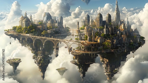 Fantasy floating city in the clouds with bridges connecting the islands.