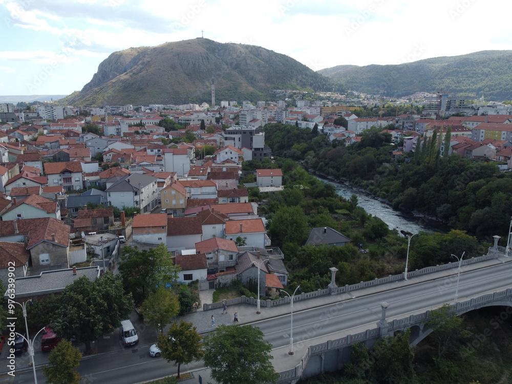 Drone aerial shot of Bosnia, Mostar, Stari Most Bridge