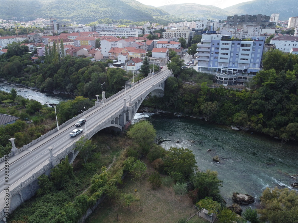 Drone aerial shot of Bosnia, Mostar, Stari Most Bridge