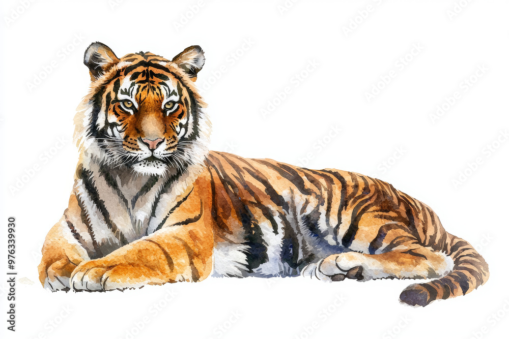 Obraz premium A majestic tiger rests gracefully, showcasing its striking orange and black stripes against pure white background. This watercolor illustration captures beauty and power of this magnificent creature